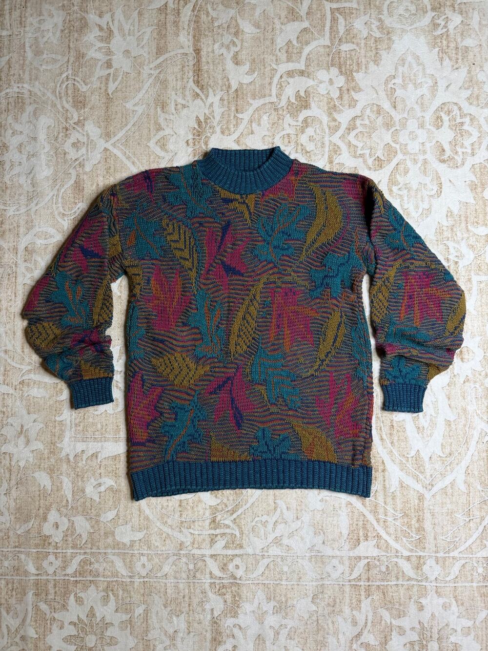 Vintage Cotton Leaf Print Cable Knit Sweater